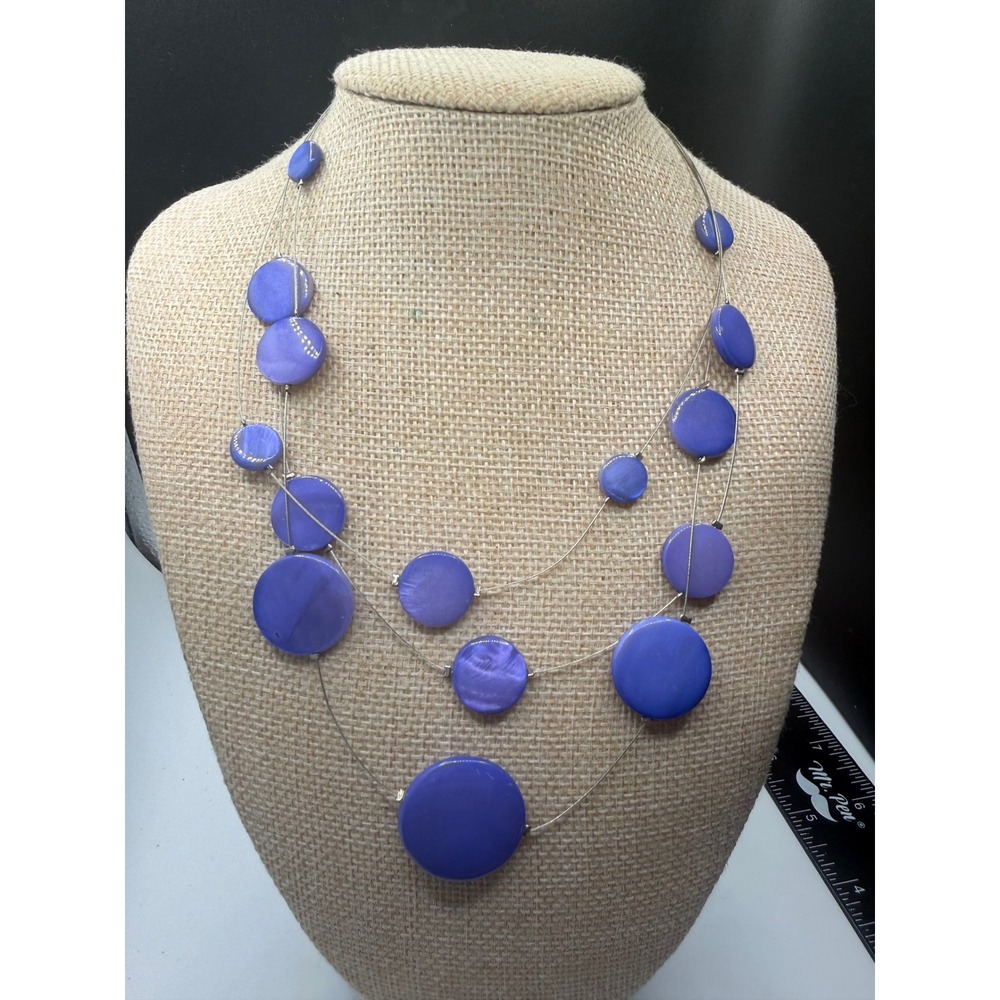 Triple Strand Purple Iridescent Disc Floating Necklace Silver Tone Adjustable